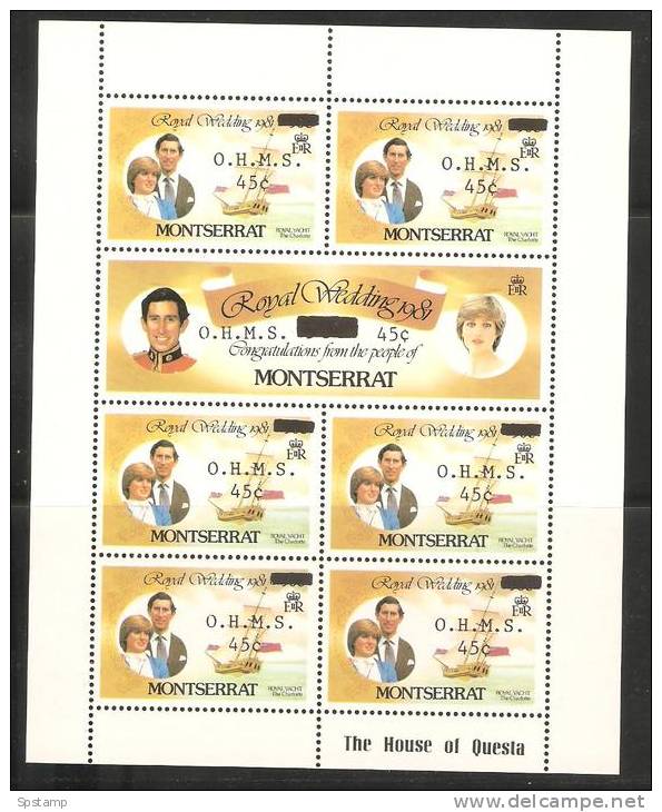 Montserrat 1982 Prince Charles Wedding Official Overprint 45 C Values In MNH Imprint Sheetlet - Montserrat