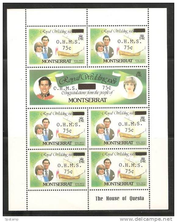 Montserrat 1982 Prince Charles Wedding Official Overprint 75 C Values In MNH Imprint Sheetlet - Montserrat