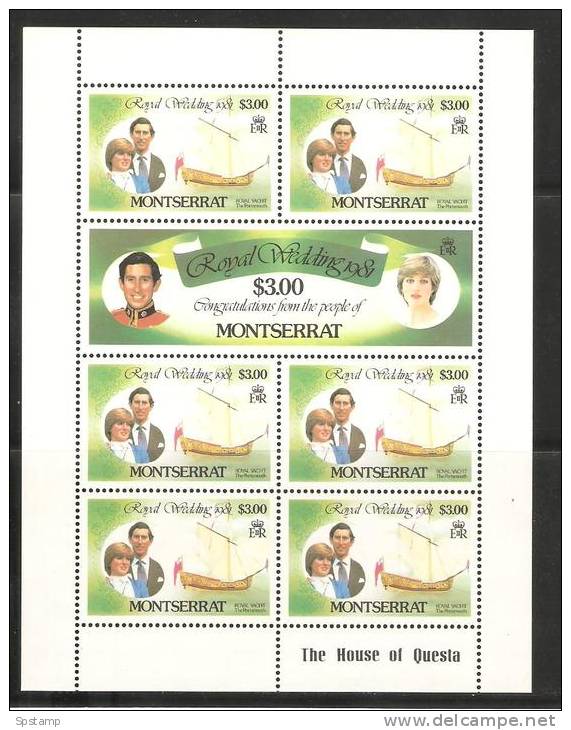 Montserrat 1981 Prince Charles Wedding $3  Values X 7 In MNH Imprint Sheetlet - Montserrat