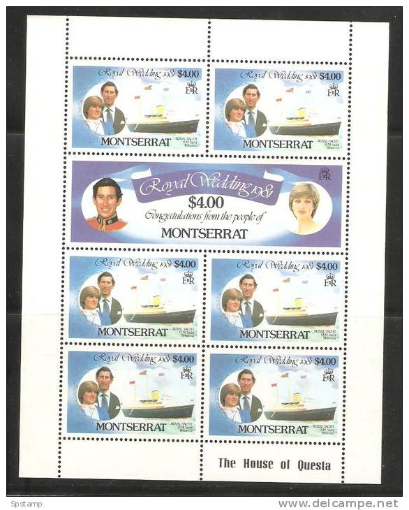 Montserrat 1981 Prince Charles Wedding $4  Values X 7 In MNH Imprint Sheetlet - Montserrat