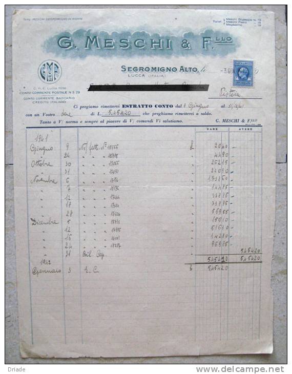 FATTURA PUBBLICITA SEGROMIGNO ALTO LUCCA ANNO 1941 - Italia