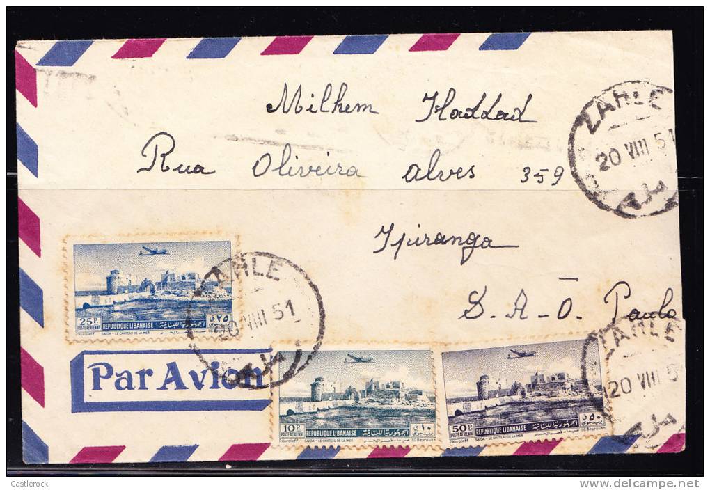 T)1951,CIRC.COVER LEBANON TO SAO PAULO BRAZIL,CRUSADER CASTLE,SIDON HARBOR STAMPS.- - Libano