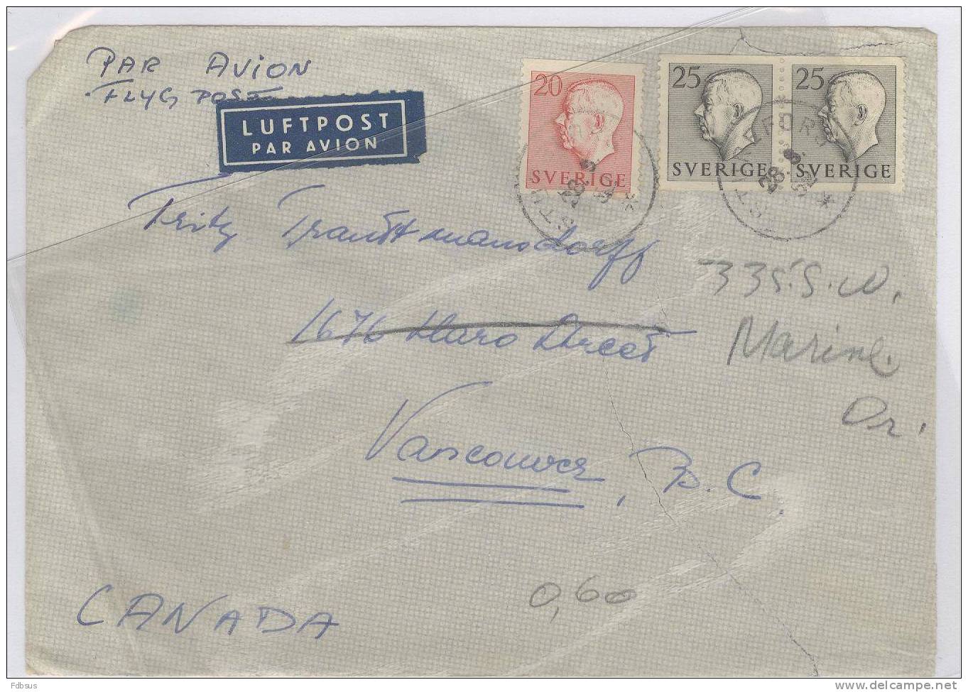 28-8-1952  Cover From Sturefors To Vancouver Usa - AFA 397 Fac 406A  King Gustaf VI Adolf - Type I - Lettres & Documents