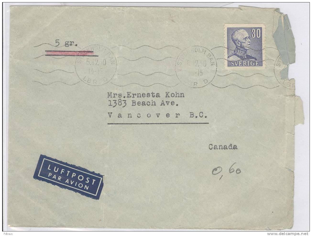 1950 5 Gr  Cover From Stockholm Ban To Vancouver Usa - King Gustav V - Lettres & Documents