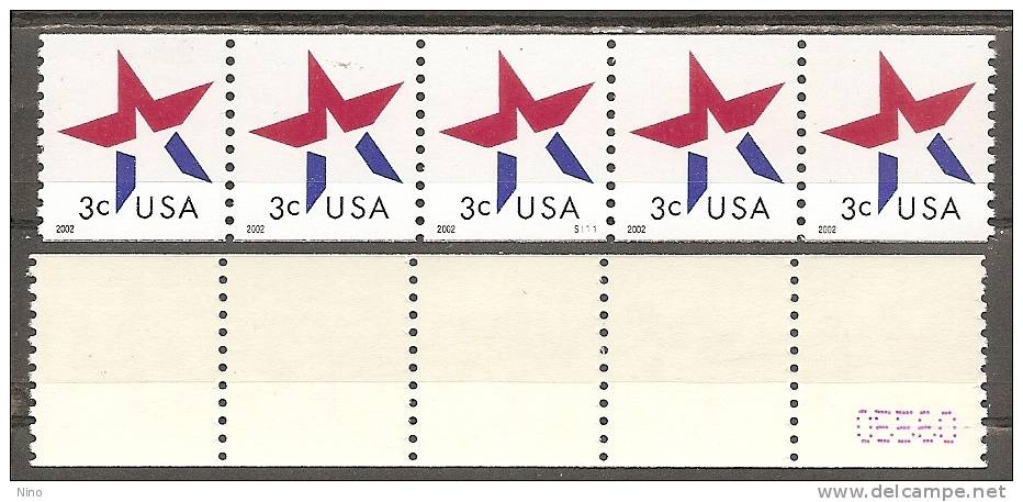 USA. Scott # 3615 MNH. Coil Strip Of 5 Pl # S 111 With Control #. Star 2002 - Coils (Plate Numbers)