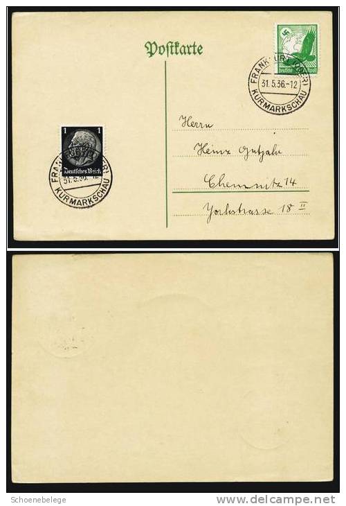 A1093) DR Karte Von Frankfurt Oder 31.5.1936 Nach Chemnitz Mit Sonderstempel Kurmarkschau - Briefe U. Dokumente