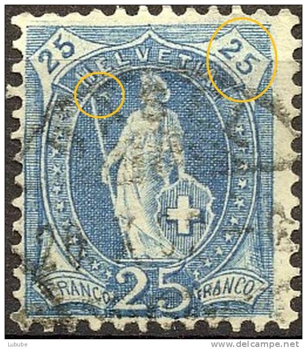 Stehende Helvetia, 25 Rp.blau "Abarten"     1902 - Abarten