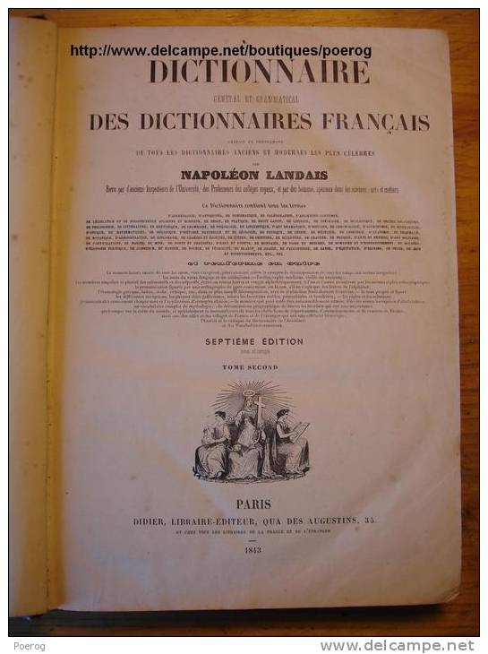 DICTIONNAIRE de 1843 par NAPOLEON LANDAIS en 2 TOMES - 7ème EDITION DE 1843 en 2 VOLUMES complet A à Z - ouvrages reliés