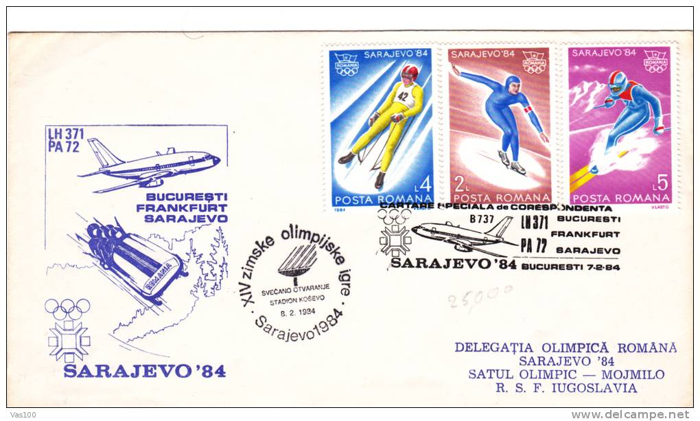Olympic Sarajevo 1984,envelope Flown From Bucharest-Frankfurt-Saraj Evo, The Olympic Delegation.Romania. - Hiver 1984: Sarajevo