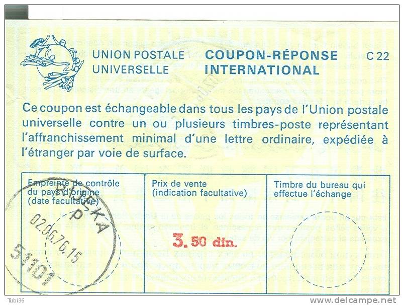 COUPON REPONSE INTERNATIONAL- UPU-IUGOSLAVIA  - JUGOSLAVIJA  - 3,50 - 1976 - RIJEKA (JUGOSLAVJA)- RR - Postal Stationery