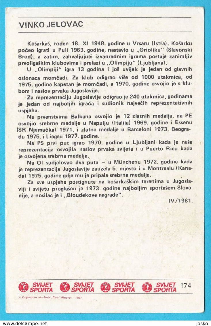 BASKETBALL ... Vinko Jelovac - KK Olimpija Ljubljana, Slovenia (Yugoslavia Vintage Card Svijet Sporta) * Slovenija - Abbigliamento, Souvenirs & Varie