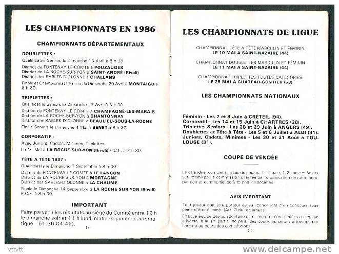 Pétanque, Jeu Provencal, Boules : Programme-Calendrier (1986), Comité Départemental De La Vendée (85), La Roche-sur-Yon - Programmes