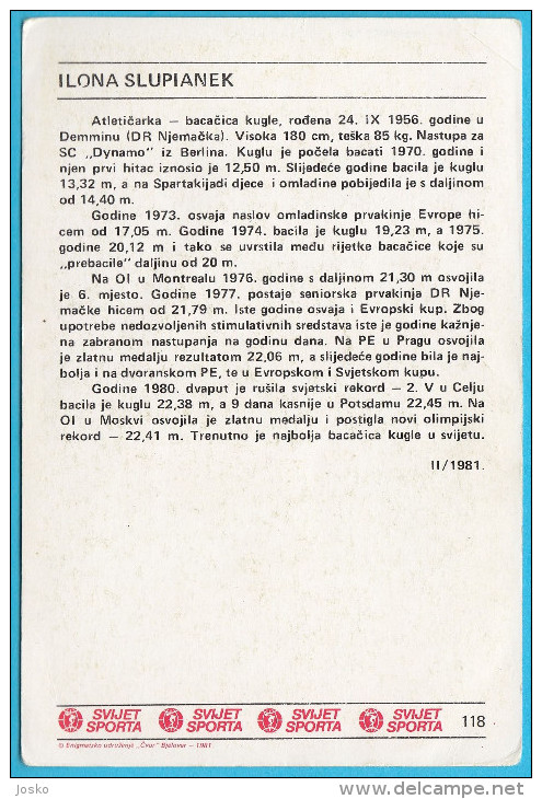 ILONA SLUPIANEK - Athletics Shot Put Germany ( Yugoslavia Vintage Card Svijet Sporta ) Athletisme Atletismo Atletica - Atletiek
