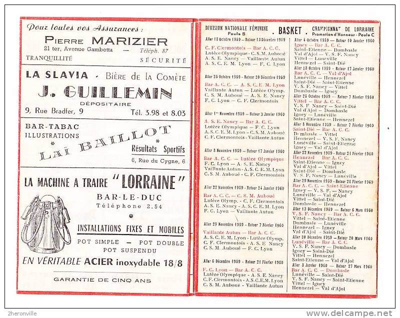 BAR LE DUC - Calendrier Des Matches De Championnat BACC FOOT BALL Et BASKET BALL 1959-1960 - Other & Unclassified