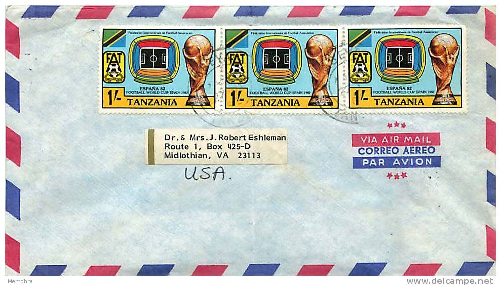 TANZANIA  1982  Air Mail Letter To USAWorld Cup Football  1/- X 3  Sc 198 - Tanzania (1964-...)