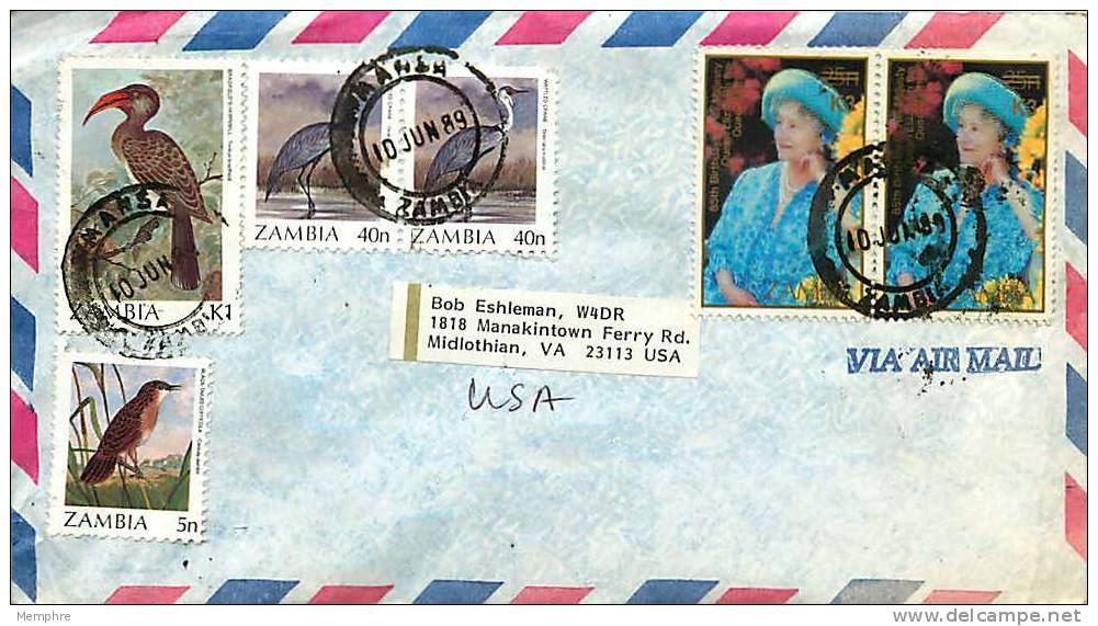 ZAMBIA 1989    Air Mail Letter To USA Birds,  Queen Mother 85th Birthday 25 N Surch. 3 K.   Sc 381, 433, 435 X 2, 401 - Zambia (1965-...)