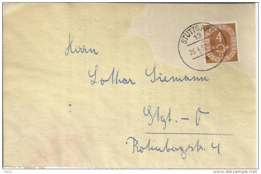 ALEMANIA STUTTGART 1952 SELLO CIFRA 4 - Storia Postale