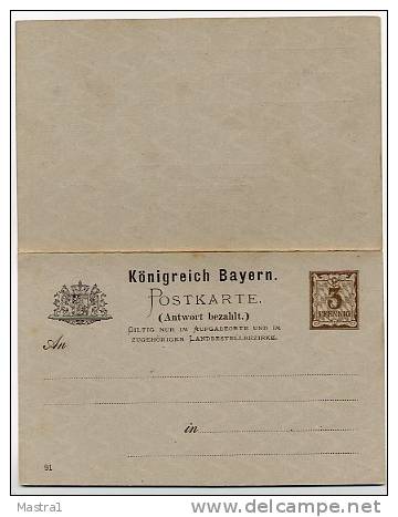 BAYERN P39/02 Antwort-Postkarte 1891 Kat. 6,00 € - Postal  Stationery