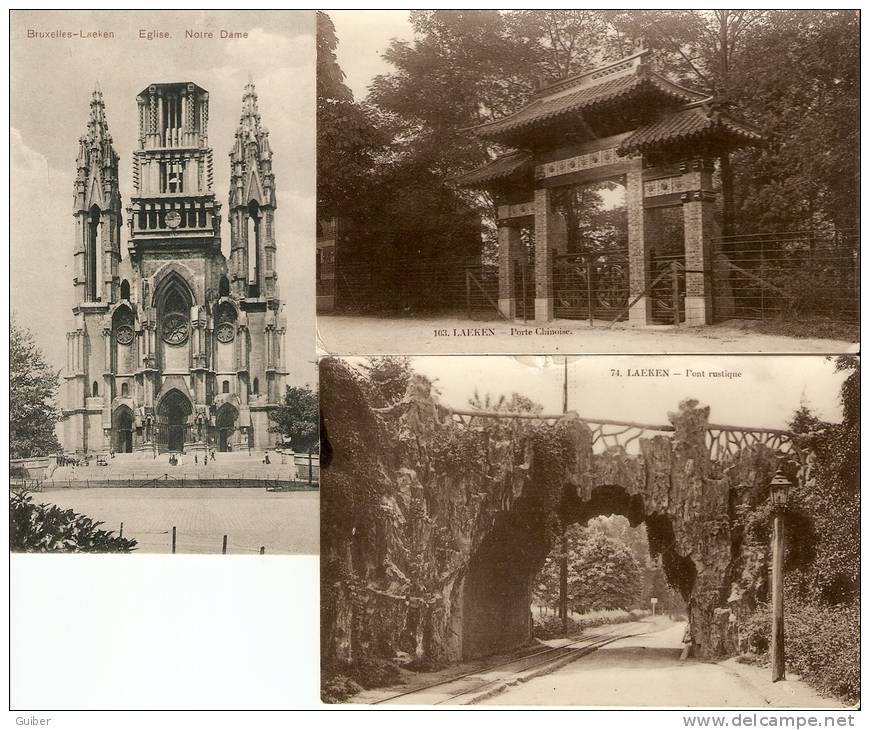 Bruxelles Laeken Pont Rustique Eglise Notre Dame Porte Chinoise 3 Cartes 1909 - Monuments, édifices