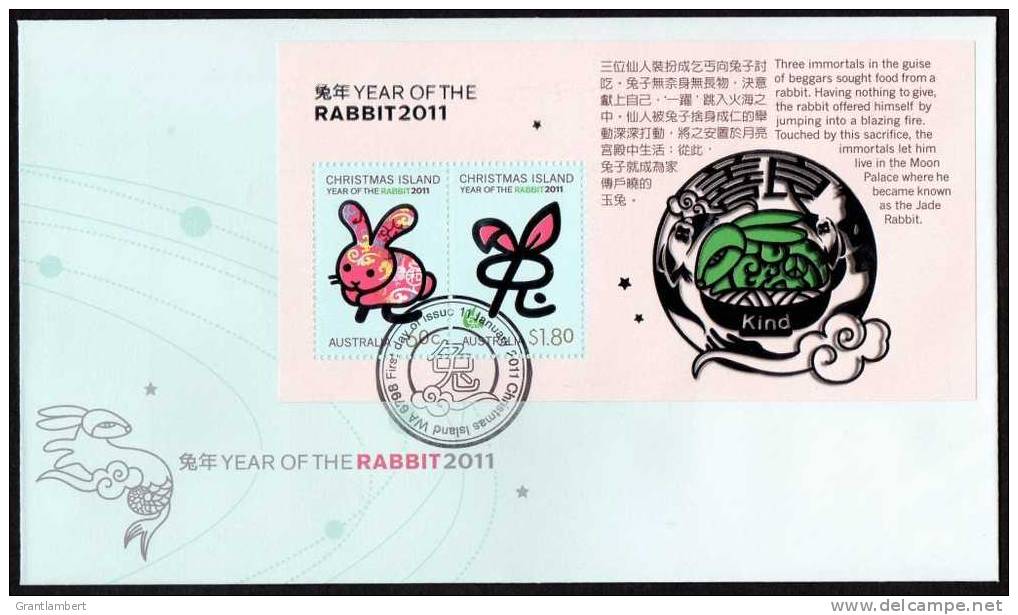 Christmas Island 2011 Year Of The Rabbit Souvenir Sheet FDC - Christmas Island