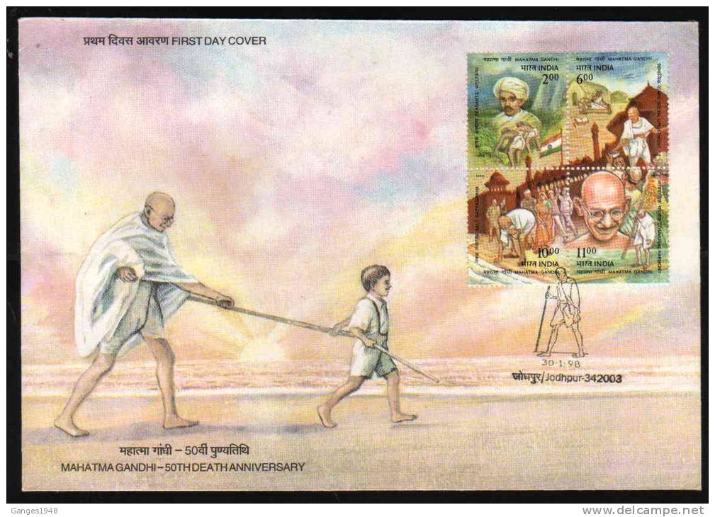 India 1998  MAHATMA GANDHI  4v S/t Block On  JODHPUR  BUREAU FDC # 25770 Indien Inde - Mahatma Gandhi