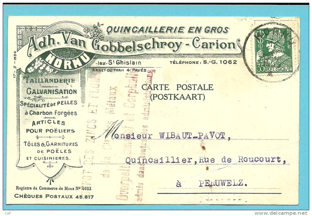 340 Op Geillustreerde Kaart "Quincaillerie En Gros"  Met Stempel HORNU (VK) - 1932 Cérès Et Mercure
