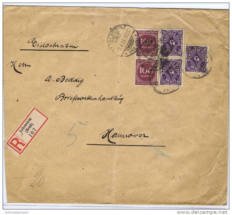 Deutsland Brief Einschreiben, 1923 Lobenstein (Reuss)  -> Hannover,  Misch Frankatur 260 Mark, Hinterseite Gerissen - Storia Postale