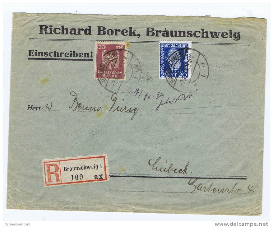 Deutsland Brief Einschreiben, Borek Braunschweig -> Lubeck, 1924, Misch Frankatur - Briefe U. Dokumente