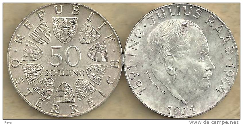 AUSTRIA 50 SHILLING SHIELDS  FRONT MAN JULIUS RAAB BACK 1971 AG SILVER EF KM?  READ DESCRIPTION CAREFULLY!!! - Autriche