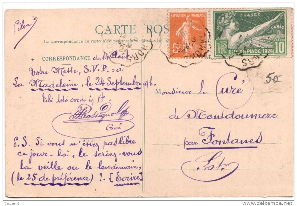 LAUZERTE LA GENDARMERIE + TIMBRE VIGNETTE 8eme OLYMPIADE  1924 TARN-ET-GARONNE - Lauzerte