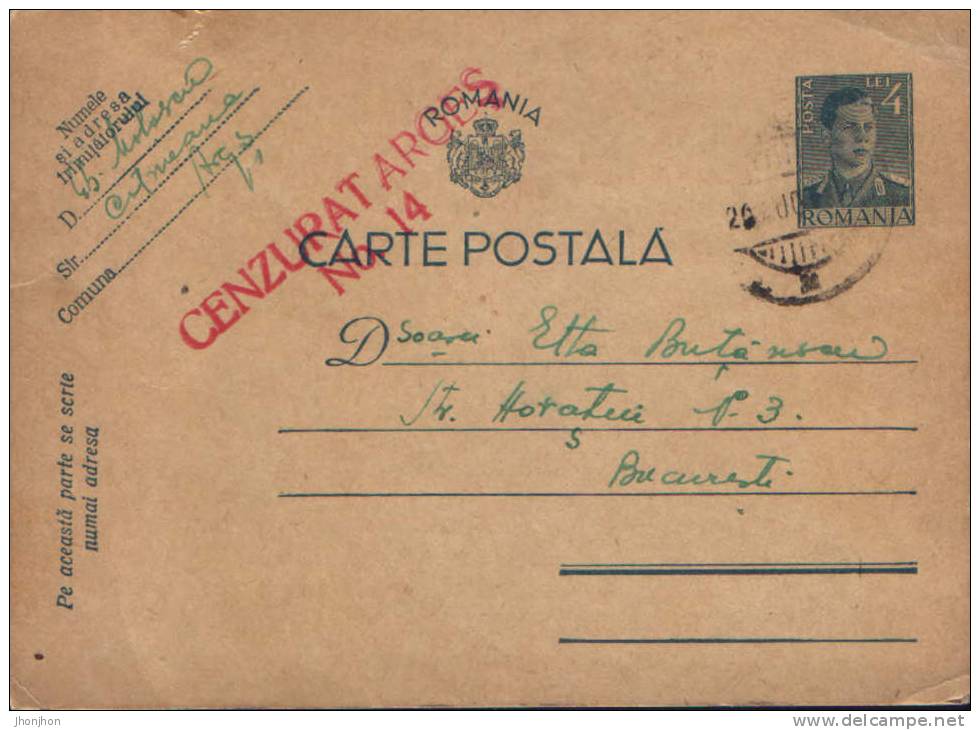 Romania-Postcard 1941- King Michael, Blue, 4 Lei Censored Arges Stamped No. 14 Red - 2de Wereldoorlog (Brieven)