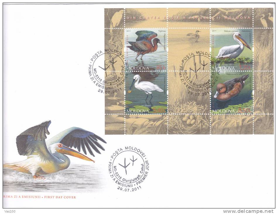 Birds;Pelican, Seagull, Duck, Deer,cover 2011, FDC Premier Jour, Moldova / Moldavie - Pelikane