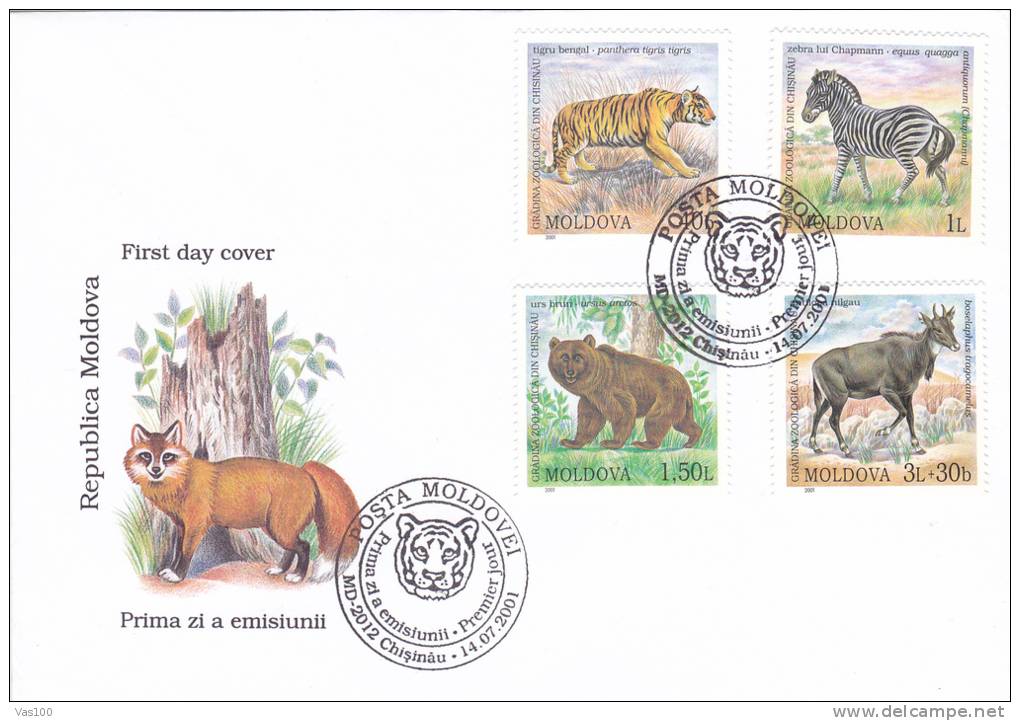 Bear ,Ours ,Urs,Tigris,Zebra,FDC,premier Jour 2001, Moldova / Moldavie. - Ours