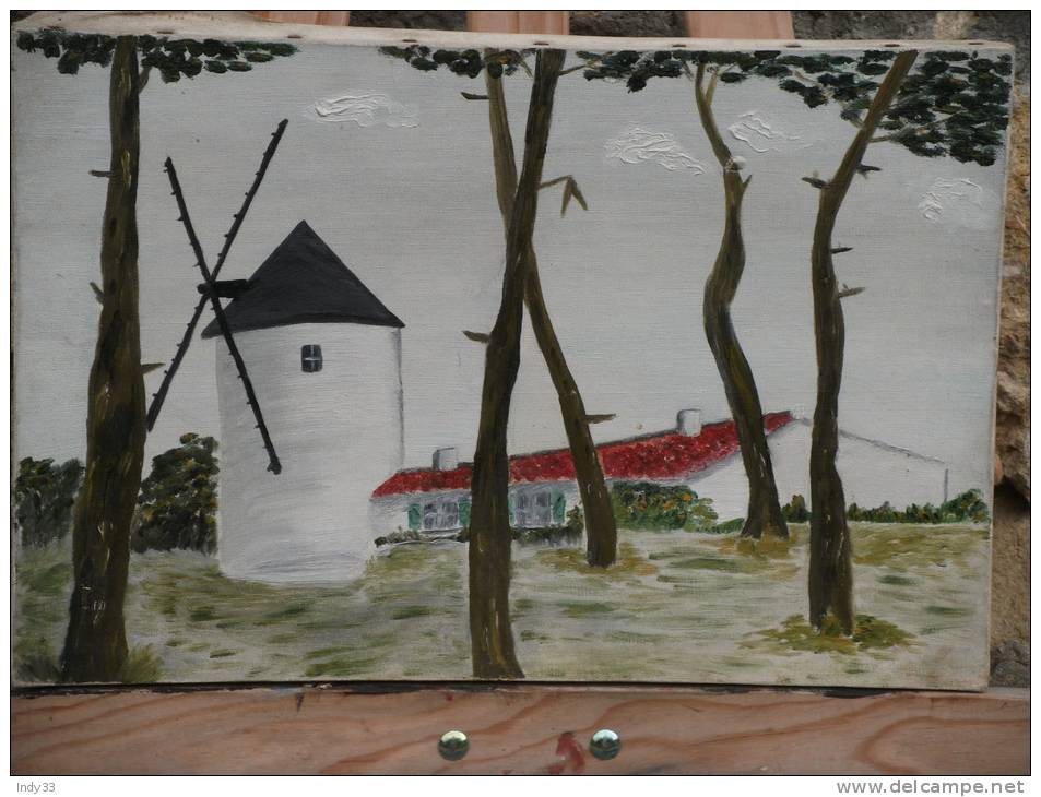 - PAYSAGE AVEC UN MOULIN . HUILE SUR TOILE NAÏVE . NON SIGNEE . DATEE AU DOS 1961 - Olieverf