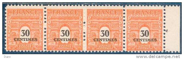 France - 1945 - Bande De 4 Valeurs - Arc De Triomphe 30 C. Orange  Y&T N°702 ** Neuf Luxe ( Sans Charnières) - 1944-45 Arc De Triomphe