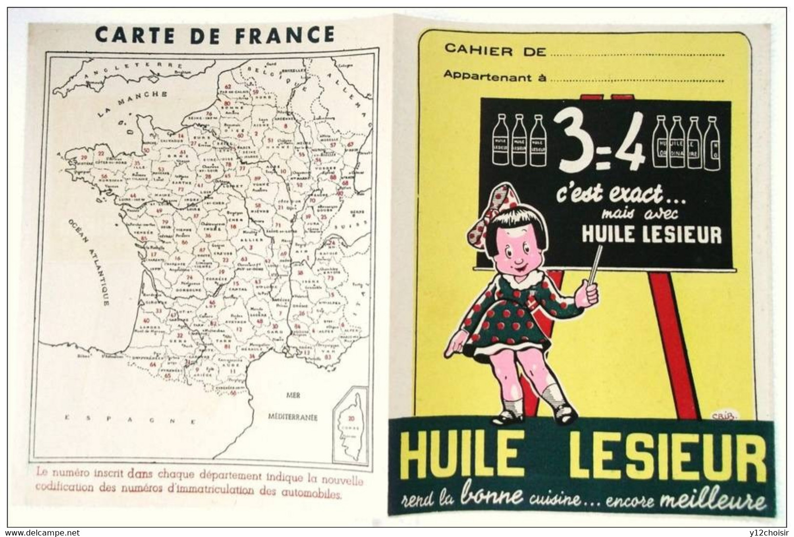 PROTEGE CAHIERS HUILE LESIEUR BOUTEILLES ENFANT BONNE CUISINE FILLETTE CARTES FRANCE IMMATRICULATION AUTOMOBILES - Kinder