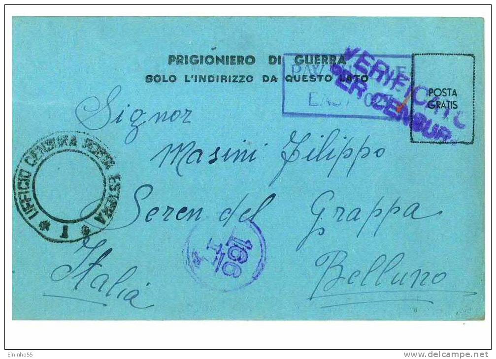 Ww2 Prigionieri Di Guerra - Campo 309 - Corrispondenza Da Egitto - Ismailia -  Per Seren Del Grappa - Prigione E Prigionieri