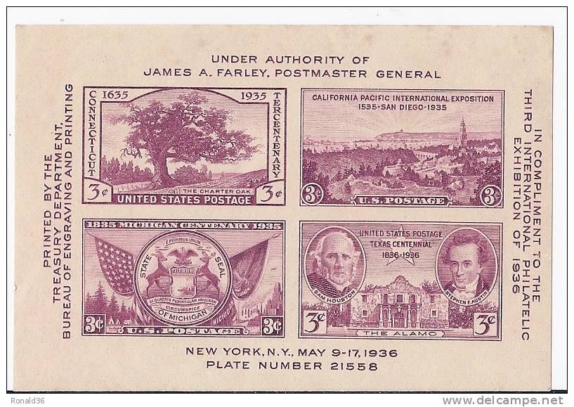 Timbre Stamp Américain USA Etat-unis : Bloc 17/9/1936 Alamo Texas San Antonio Michigan California San Diego Connecticut - Blokken & Velletjes