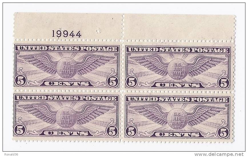 Timbre Stamp Américain USA Etat-unis : Bloc De 4 Us Air Mail 5 C ( Globe Terrestre Ailes Avion ) Poste Aérienne - 1b. 1918-1940 Nuovi