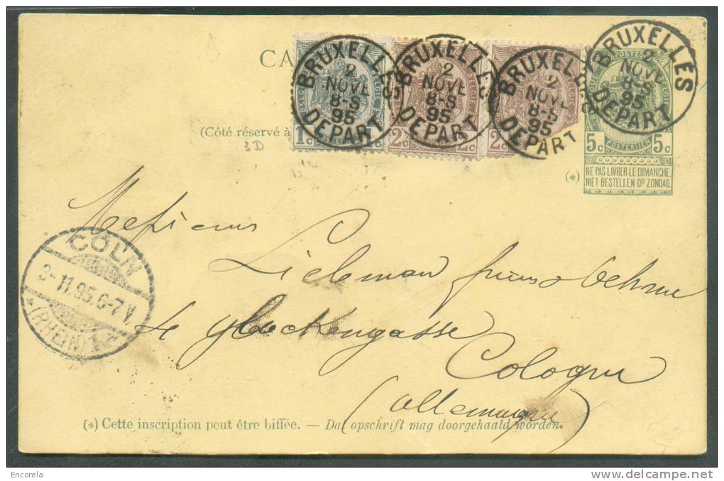 N°53-54(2) En Affr. Compl. S/E.P. Carte 5 Centimes Obl. Sc BRUXELLES DEPART Du 2 Nov. 1895 Vers Cologne.  - 7239 - Cartes Postales 1871-1909