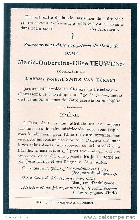 NOBLESSE - CHATEAU DE PRINTHAEGEN ( Cortessem ) °1835 +1907 MARIE TEUWENS - JONKHEER NORBERT SMITS VAN ECKART - Devotion Images