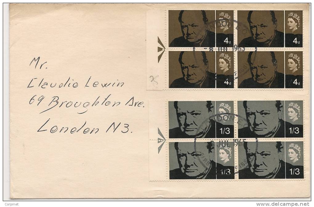 UK - 1965 CHURCHILL  Circulated FIRST DAY COVER With Full Phosphor BLOCK OF 4 Set SG 661p/662p - 1952-1971 Em. Prédécimales