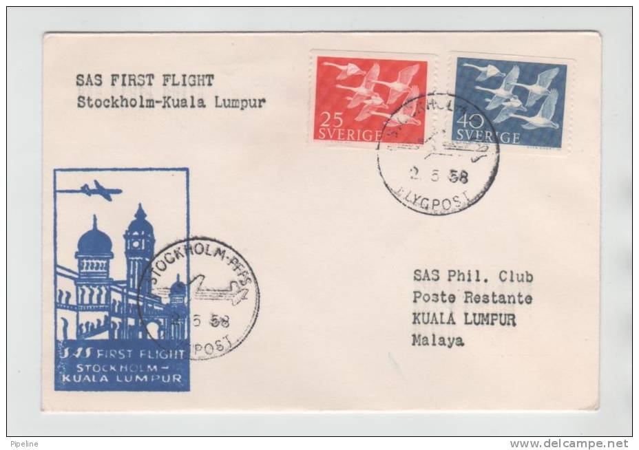 Sweden First SAS Flight Stockholm - Kuala Lumpur 2-5-1958 - Covers & Documents