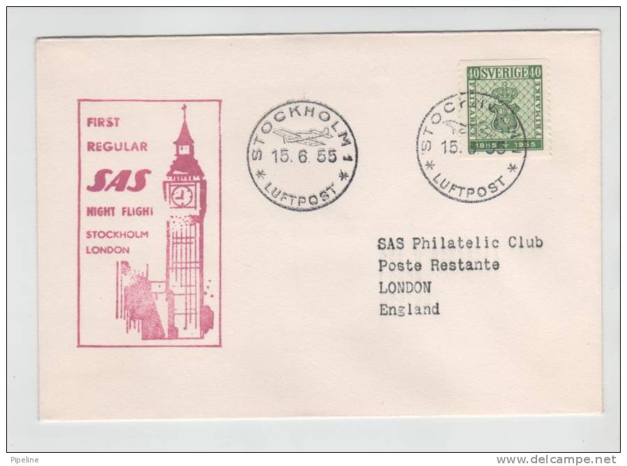 Sweden First SAS Night Flight Stockholm - London 15-6-1955 - Lettres & Documents