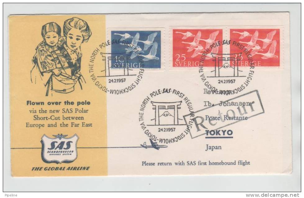 Sweden First SAS Regular Flight Stockholm - Tokyo Via The North Pole 24-2-1957 - Covers & Documents