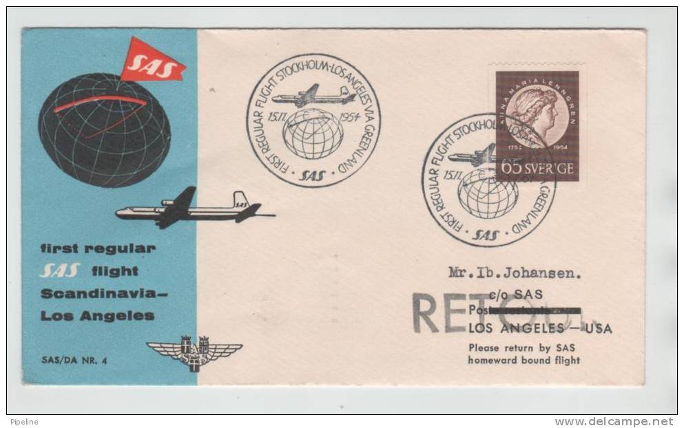 Sweden First SAS Regular Flight Stockholm - Los Angeles Via Greenland 15-11-1954 - Storia Postale