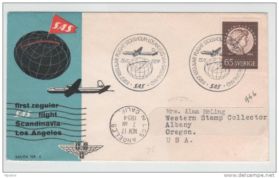 Sweden First SAS Regular Flight Stockholm - Los Angeles Via Greenland 15-11-1954 - Covers & Documents