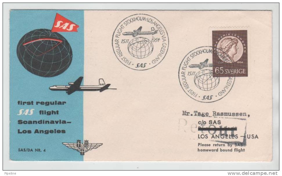 Sweden First SAS Regular Flight Stockholm - Los Angeles Via Greenland 15-11-1954 - Lettres & Documents