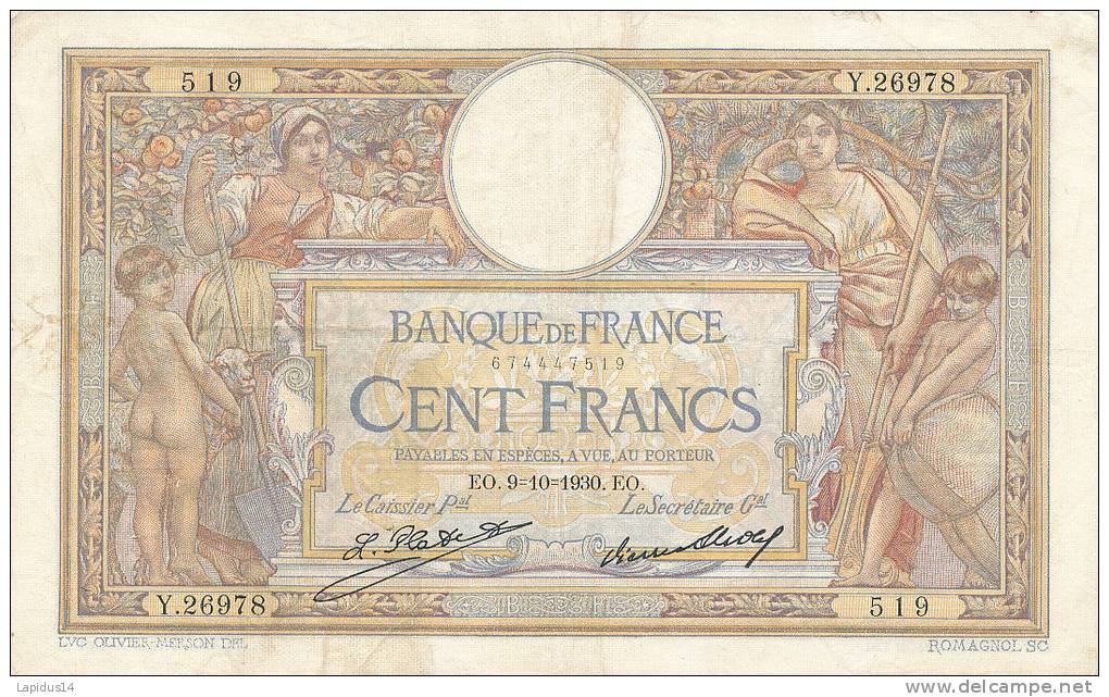 BILLET / 100 FRANCS  LOUIS OLIVIER MERSON TB 9-10-1930 - 100 F 1908-1939 ''Luc Olivier Merson''