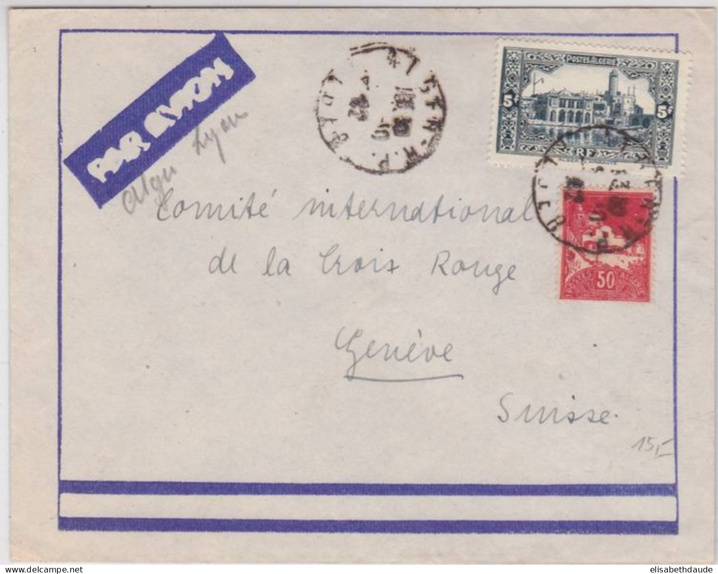 ALGERIE - 1942 - YVERT N° 124+173 Sur LETTRE Par AVION De ALGER Pour GENEVE CROIX-ROUGE (SUISSE) - - Briefe U. Dokumente